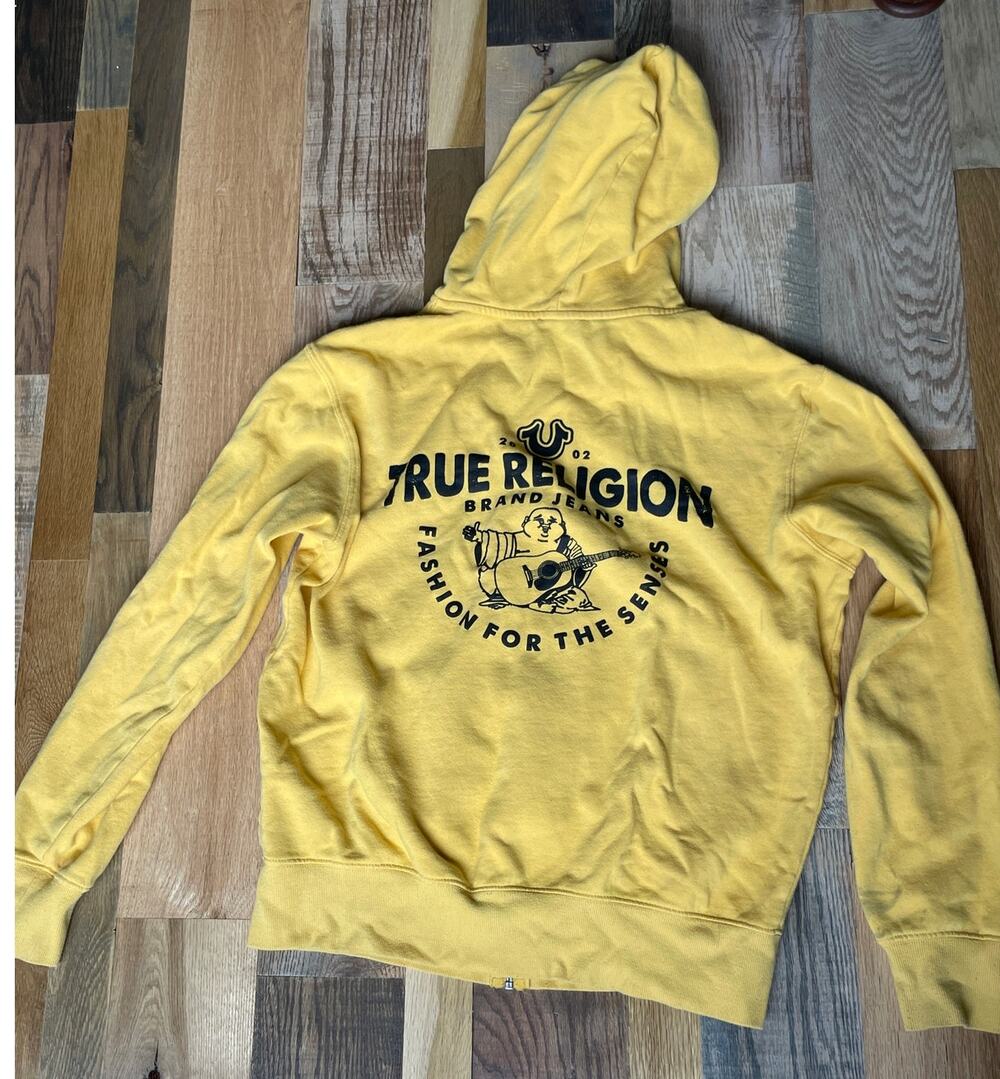 True Religion Mens M Yellow Buddha Full Zip Hoodie Y2K Distressed